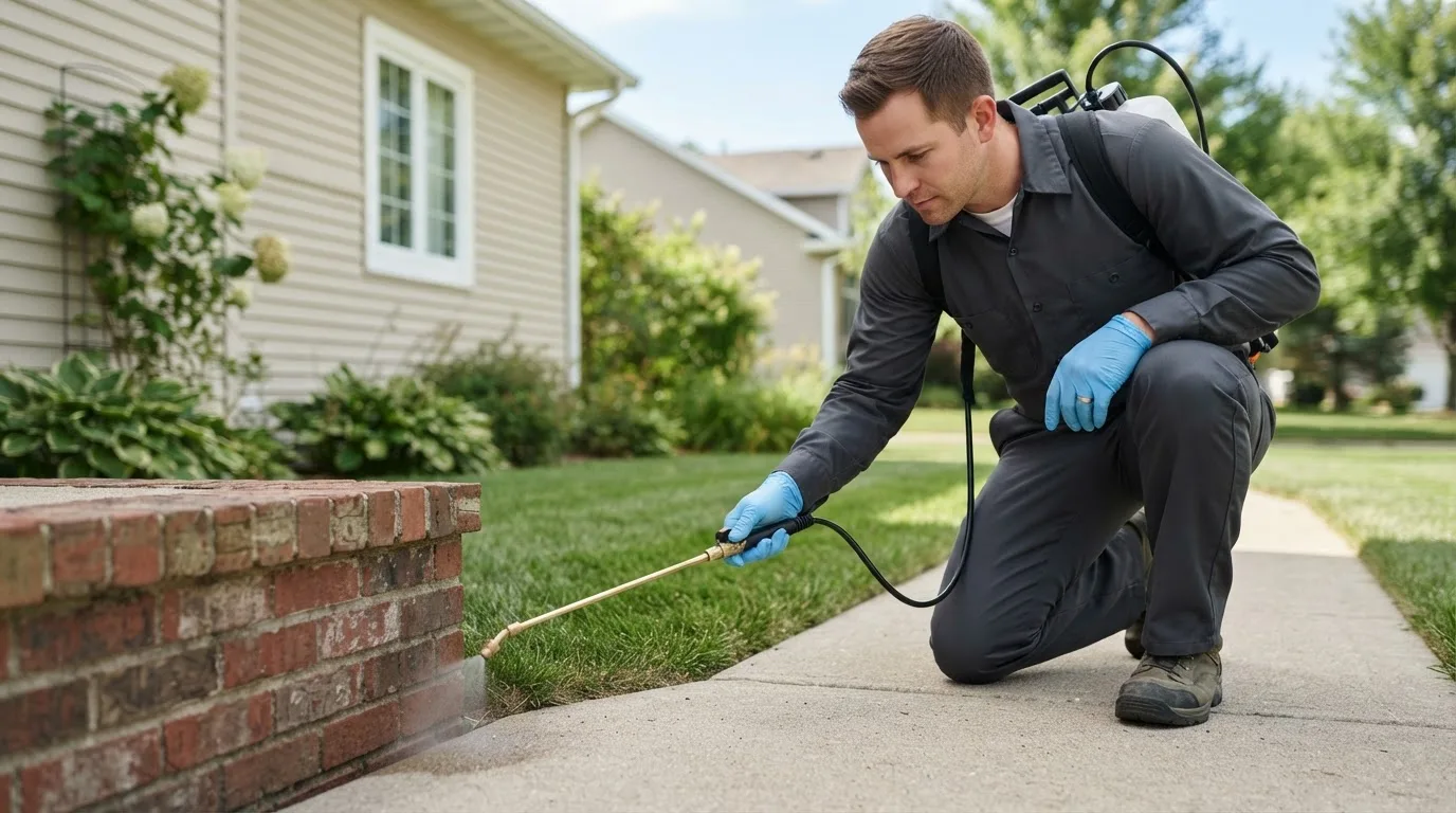 Pest control technician treating a home near Riverview, MI